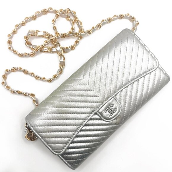 Authentic CHANEL CC Chevron Timeless Caviar Flap Wallet Chain Purse Silver Bag - Picture 3 of 14